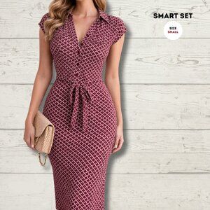 Smart Set Maroon & White Printed Dress – Tie Waist | Size Small